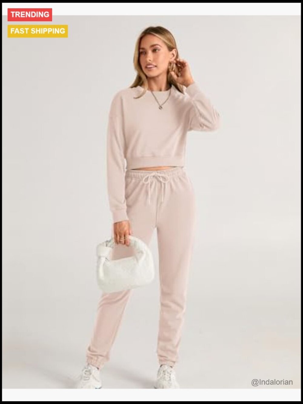 Cotton Polyester Long Sleeve Crop Top Jogger Set with Pockets - Picture 5 of 7